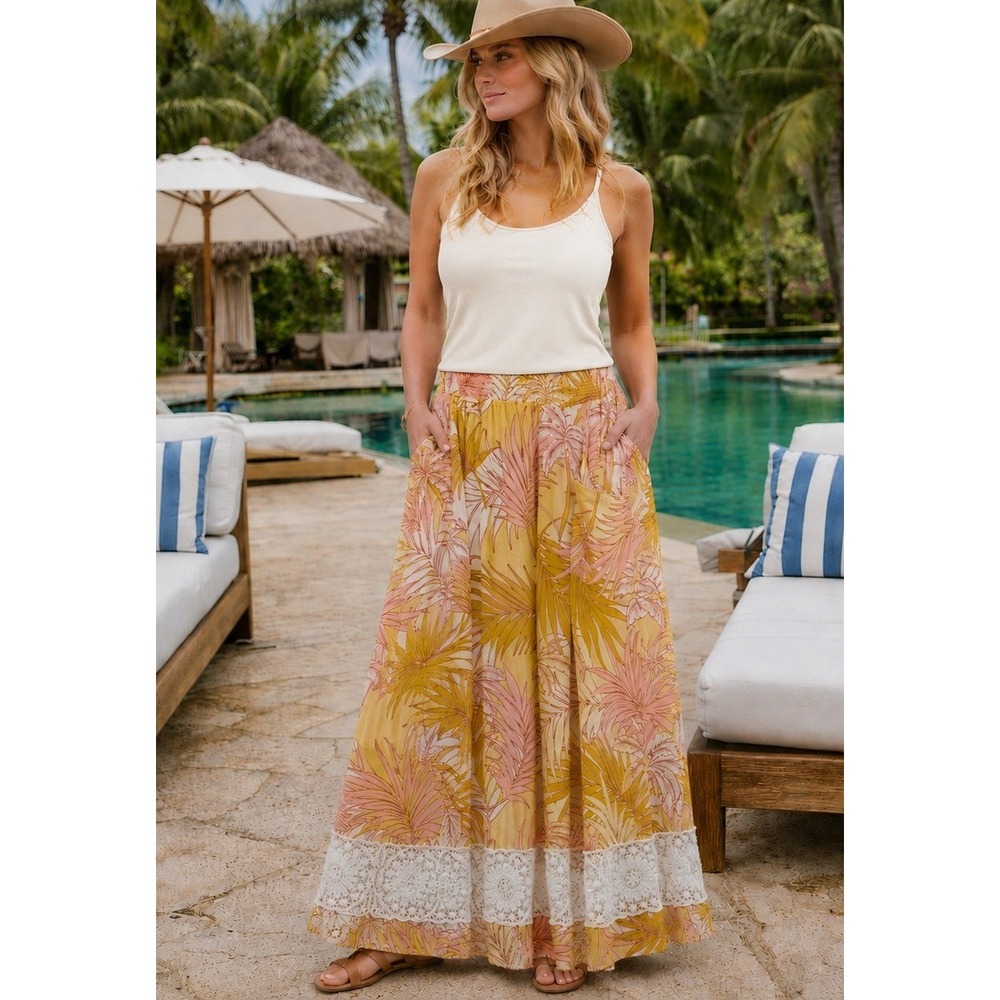 TAHARI Tropical Palm Crochet Hem Maxi Skirt Linen Rayon Boho Resort Summer Sz XL